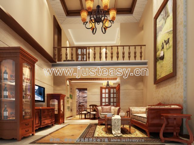 欧式美式乡村别墅客厅餐厅3d模型下载[id:609