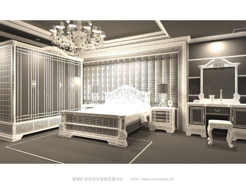 欧式乡村卧室床衣柜床头柜梳妆台3d模型下载[id