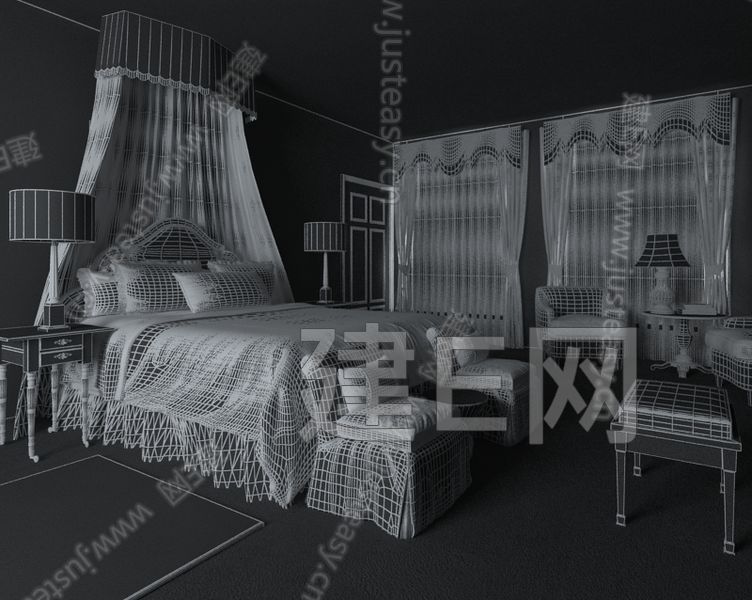 美式卧室床具床头柜床尾榻沙发椅子组合3d模型下载