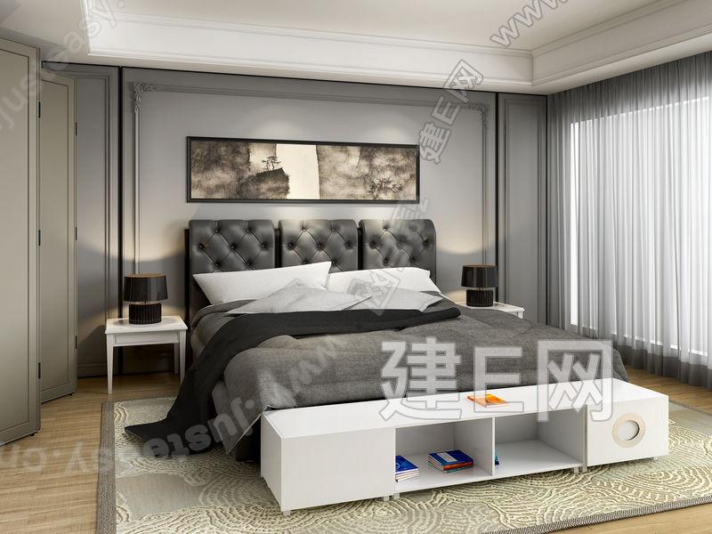 现代简约卧室卧室床组合3d模型下载[id:13674