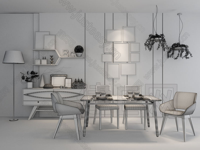 北欧原木餐桌椅柜子灯具组合3d模型下载[id:137882]_建E模型网_建E网_室内设计装修资源平台