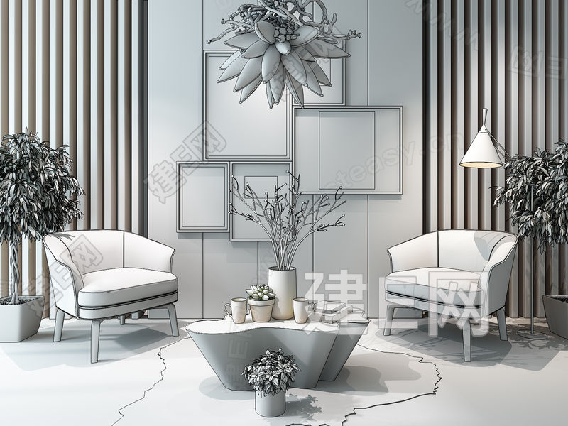 北欧后现代休闲椅茶几吊灯挂画组合3d模型下