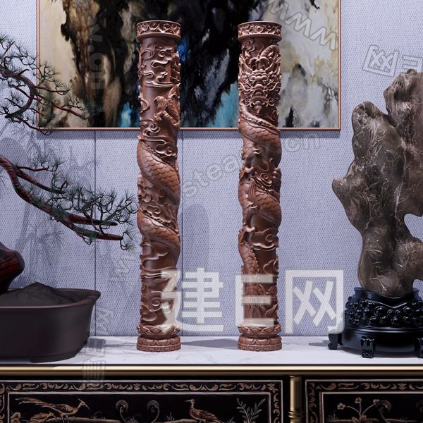 新中式祥云盘龙柱雕刻摆件[模型id:213550]