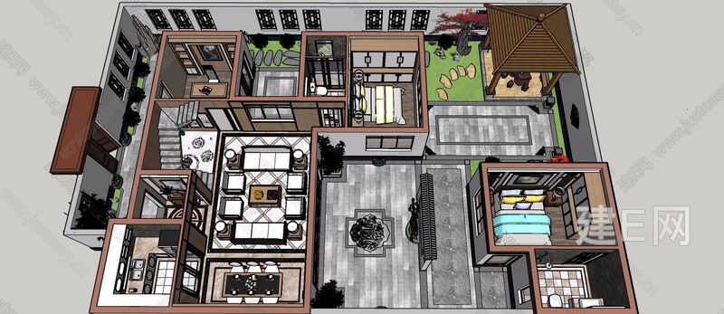 新中式建筑庭院景观室内