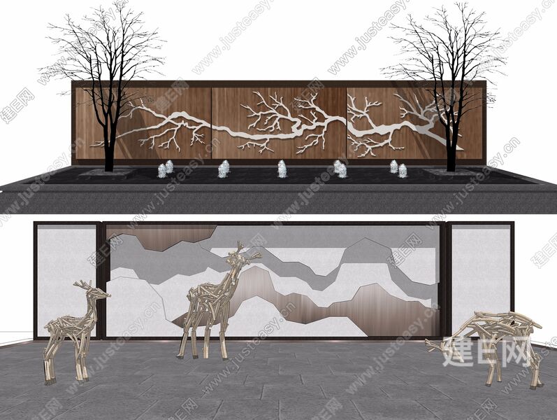 新中式园林景观背景墙sketchup模型