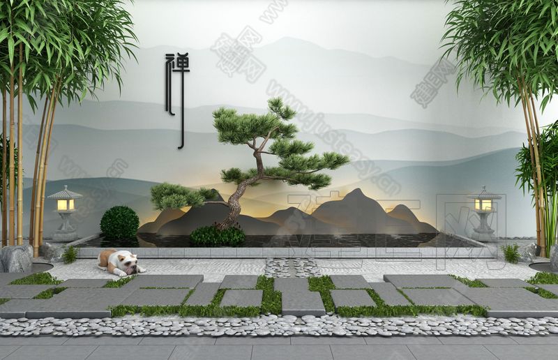 模型 建筑户外 景观园林 新中式竹林园艺景观小品组合[模型id:320147]