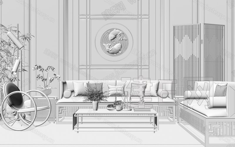 新中式沙发茶几组合[模型id:335270]