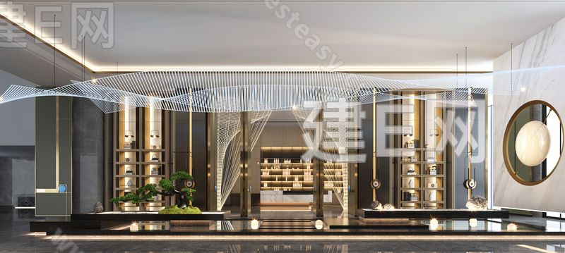 新中式酒店大堂过道水景