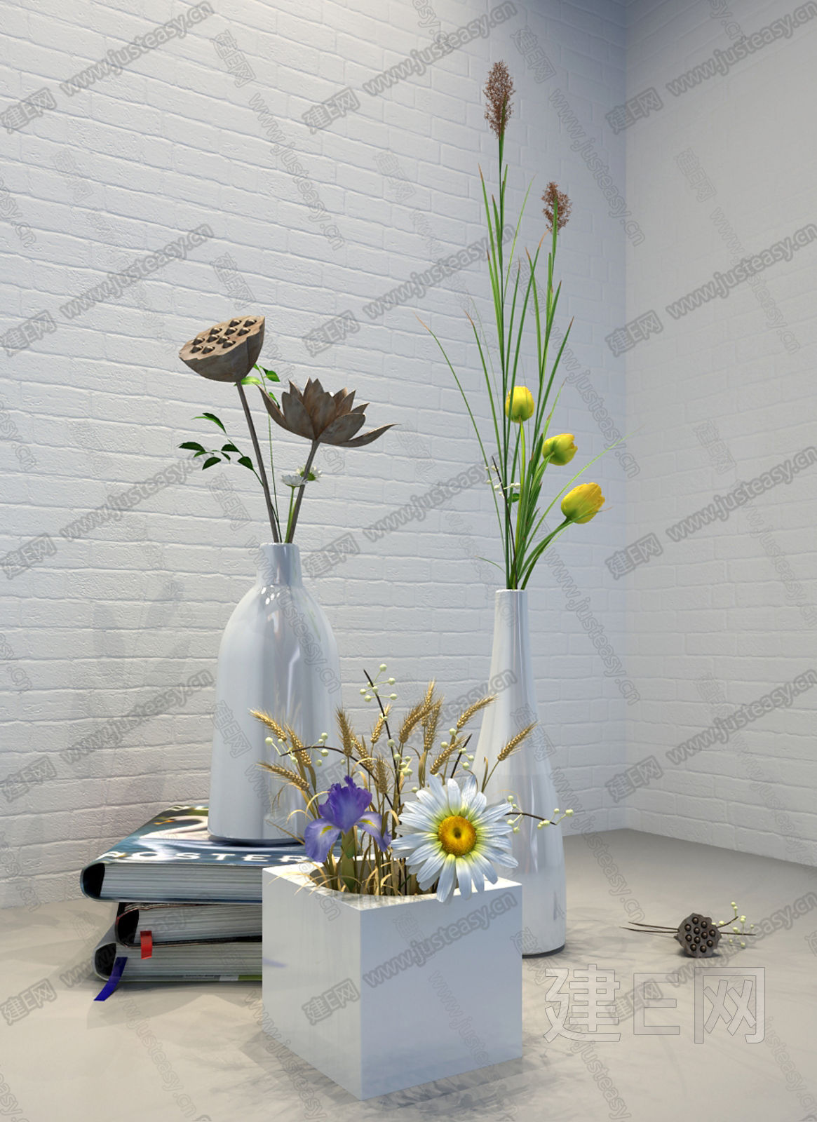 现代干花干草花瓶装饰品组合3d模型
