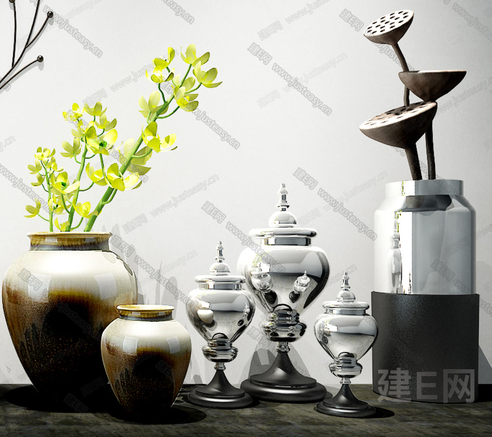 新中式摆件花艺器皿墙式陈设品组合[模型id:95934]