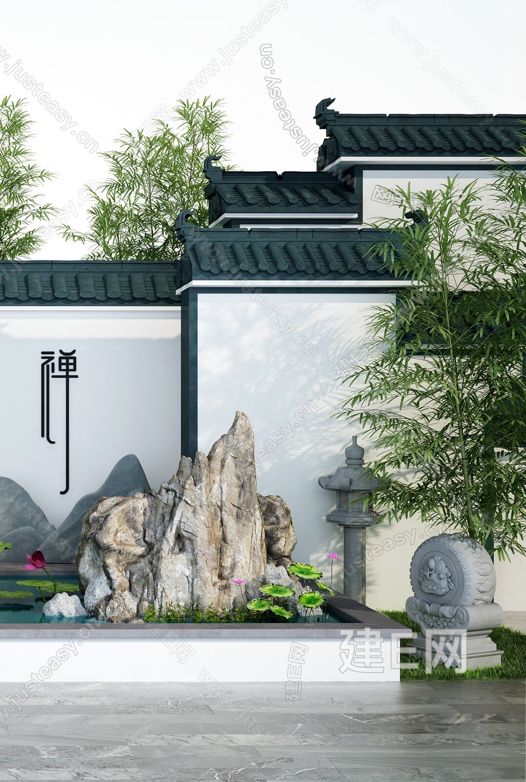 新中式徽派建筑庭院荷花池景观