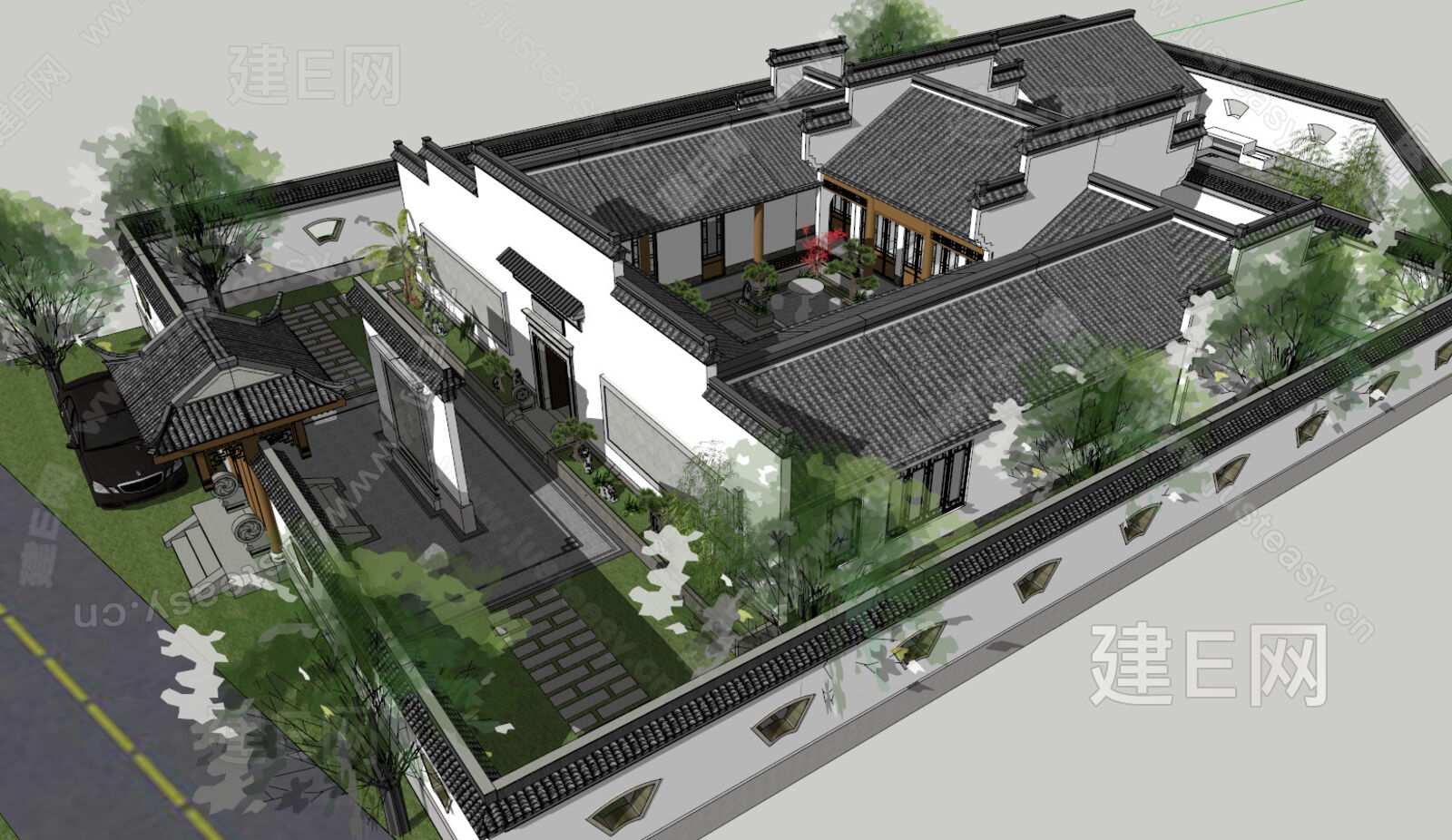 新中式徽派自建房四合院sketchup模型