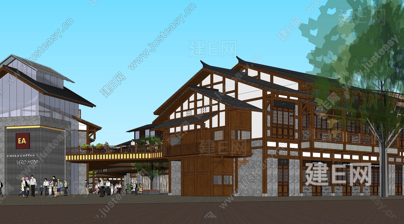 su模型首页 建筑 商业综合体 中式仿古小镇商业街[模型id:19382]