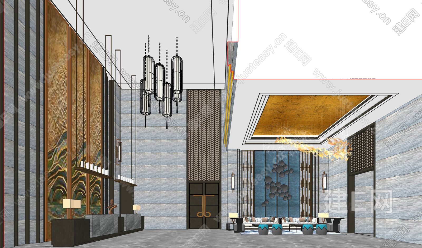 新中式酒店大堂sketchup模型