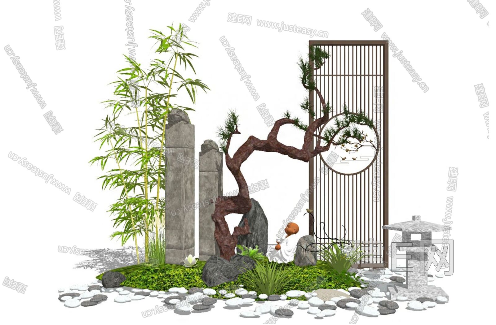 新中式景观小品隔断假山石头景观树草坪组合[模型id:90329]