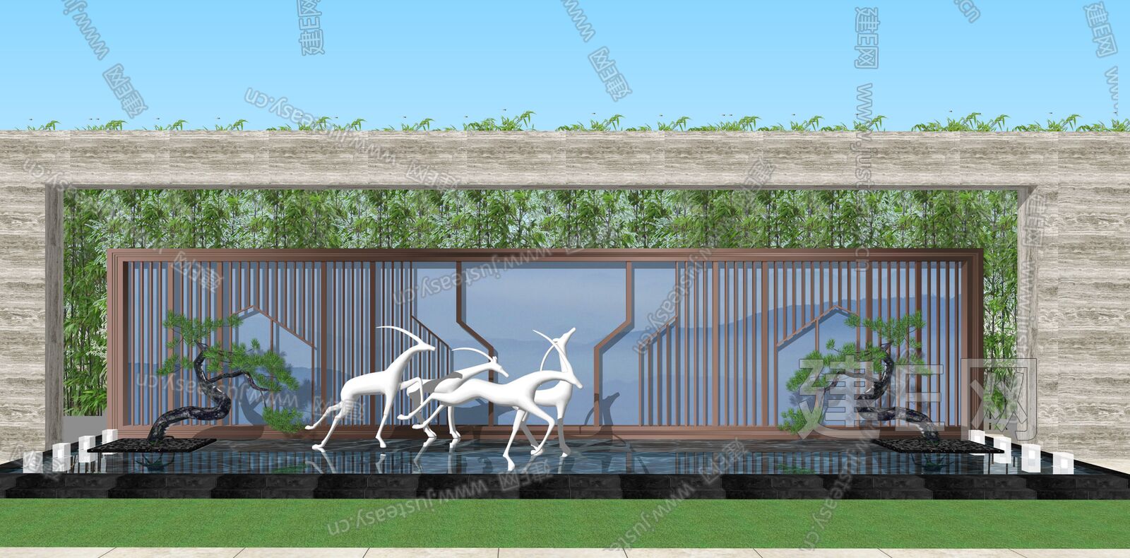 中式景墙水景sketchup模型