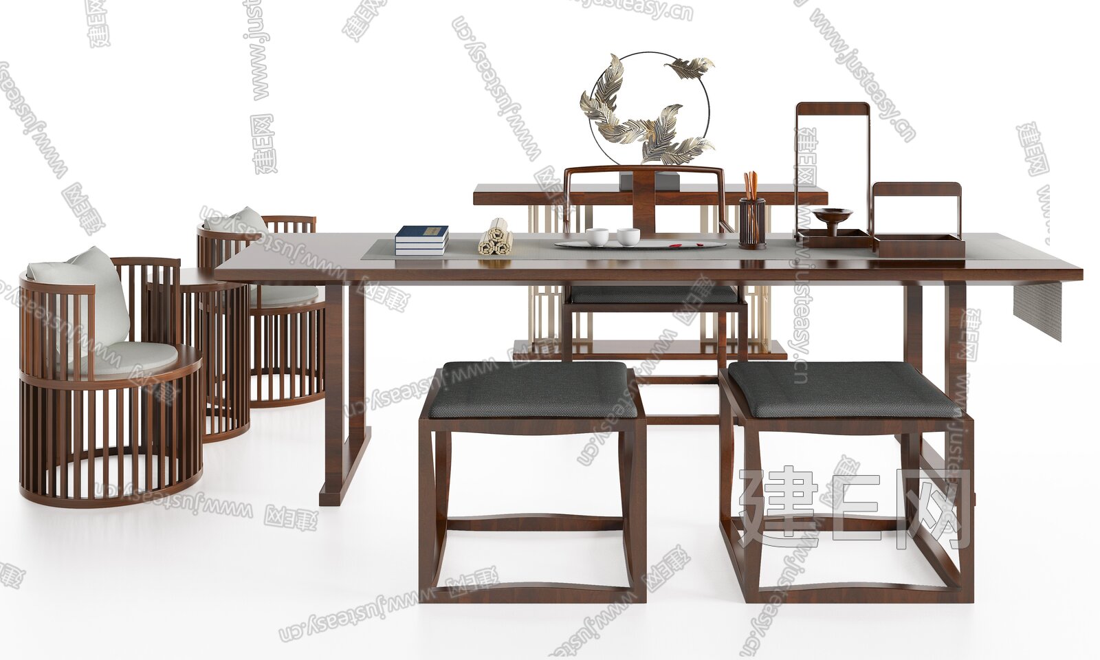 新中式书桌椅组合3d模型