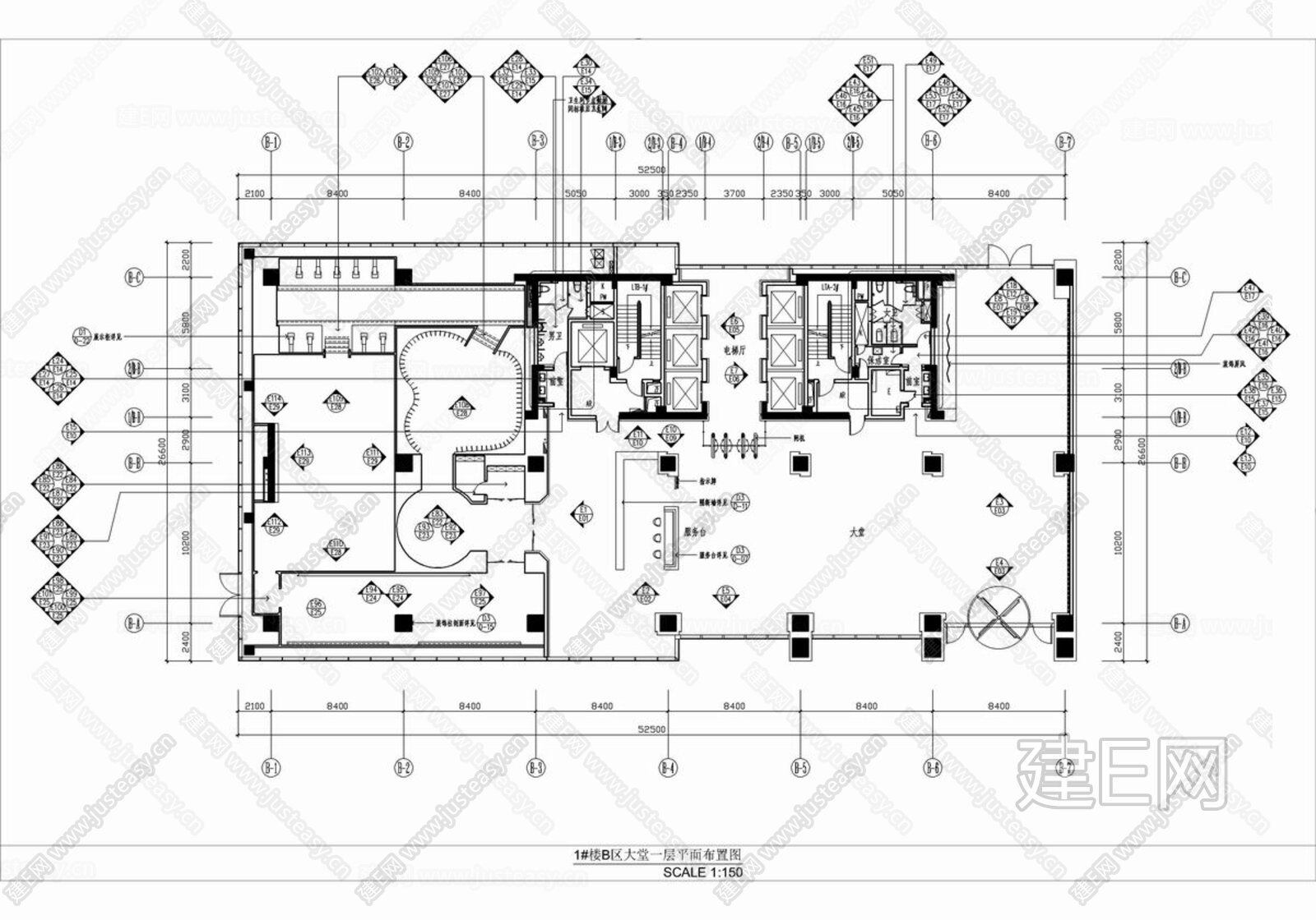 1300㎡办公楼大堂电梯厅cad施工图效果图施工图下载