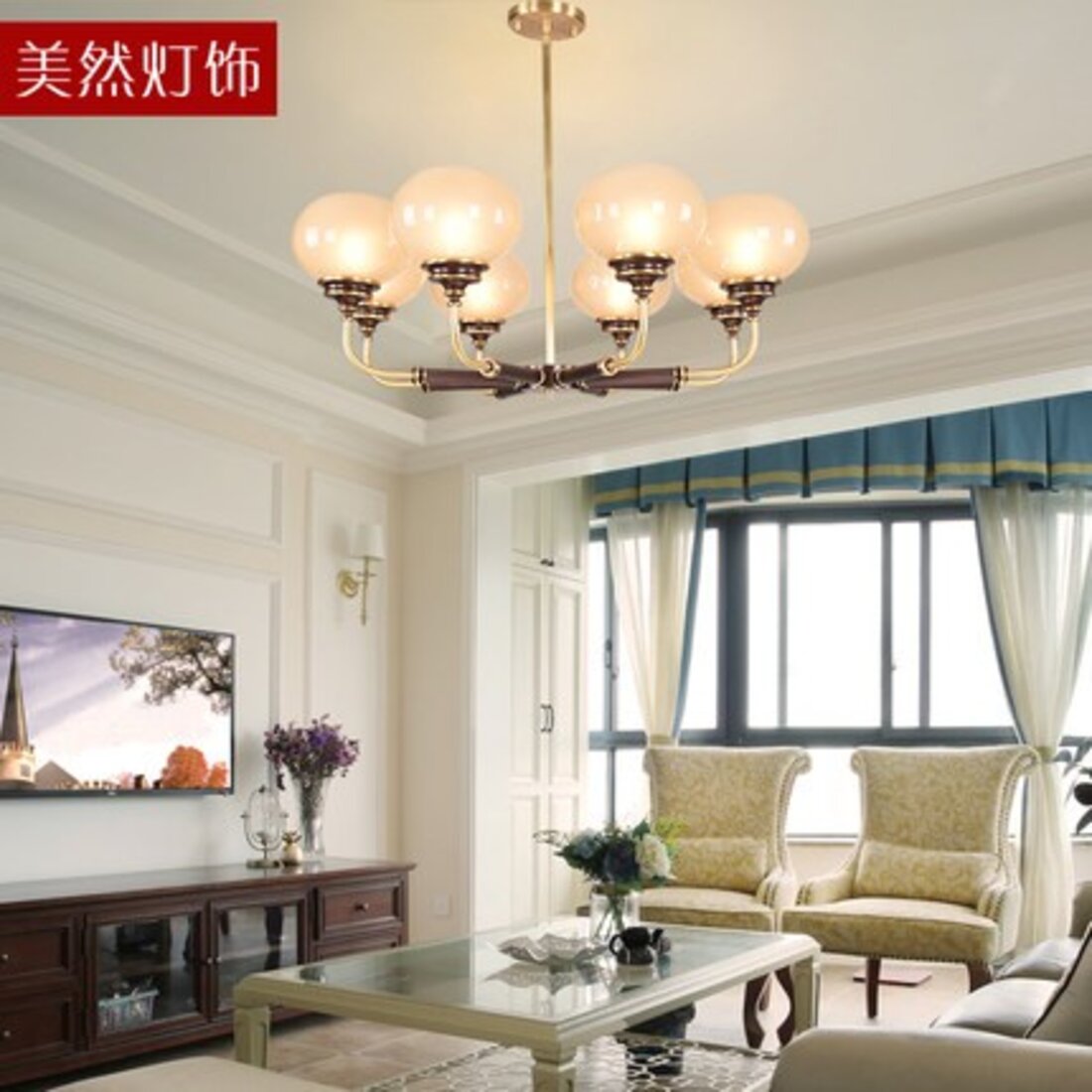 新中式别墅客厅吊顶吊灯装修效果图 – 设计本装修效果图
