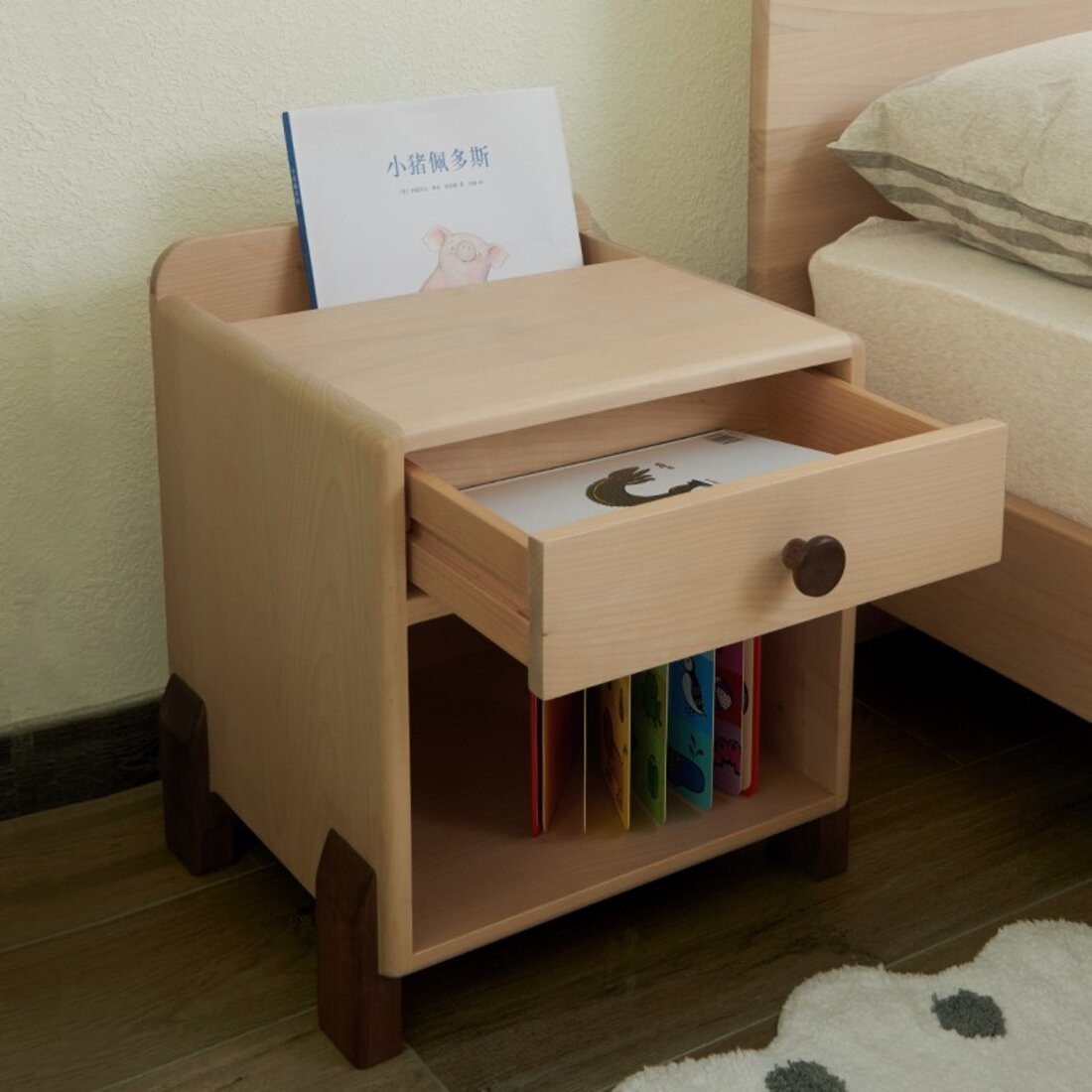 无意 实木儿童床头柜卡通置物架床边柜多功能卧室储物收纳柜子