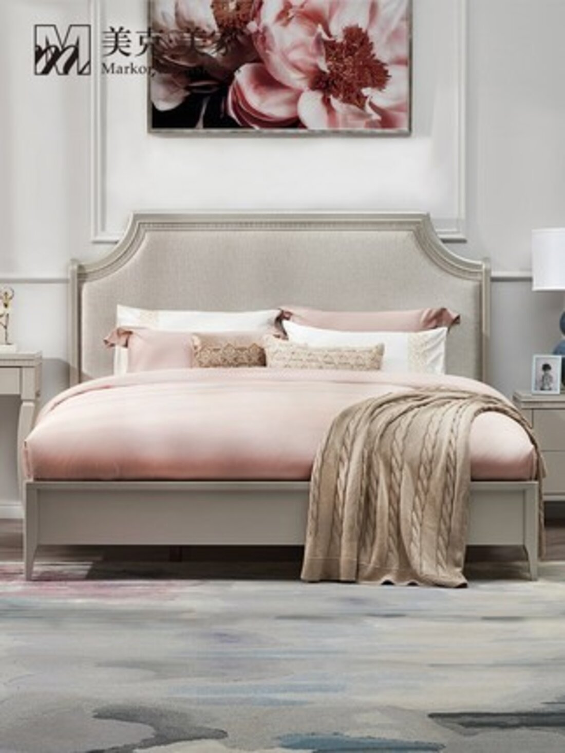 美克美家巴黎仲夏现代简约实木软包床卧室18m床床头柜