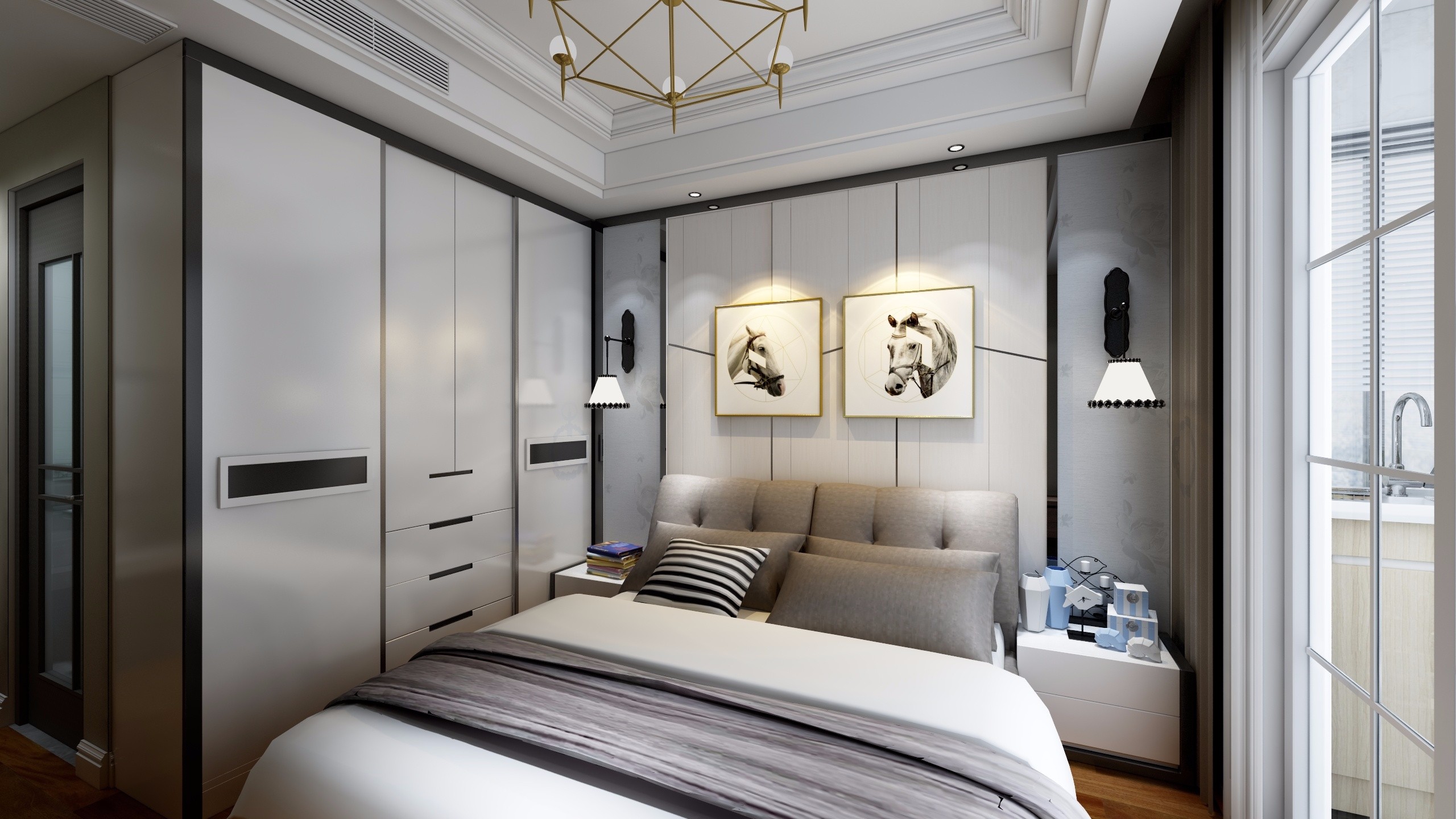 主卧的精致搭配完美地体现了简约时尚的风格,也是业主一直想要的卧室
