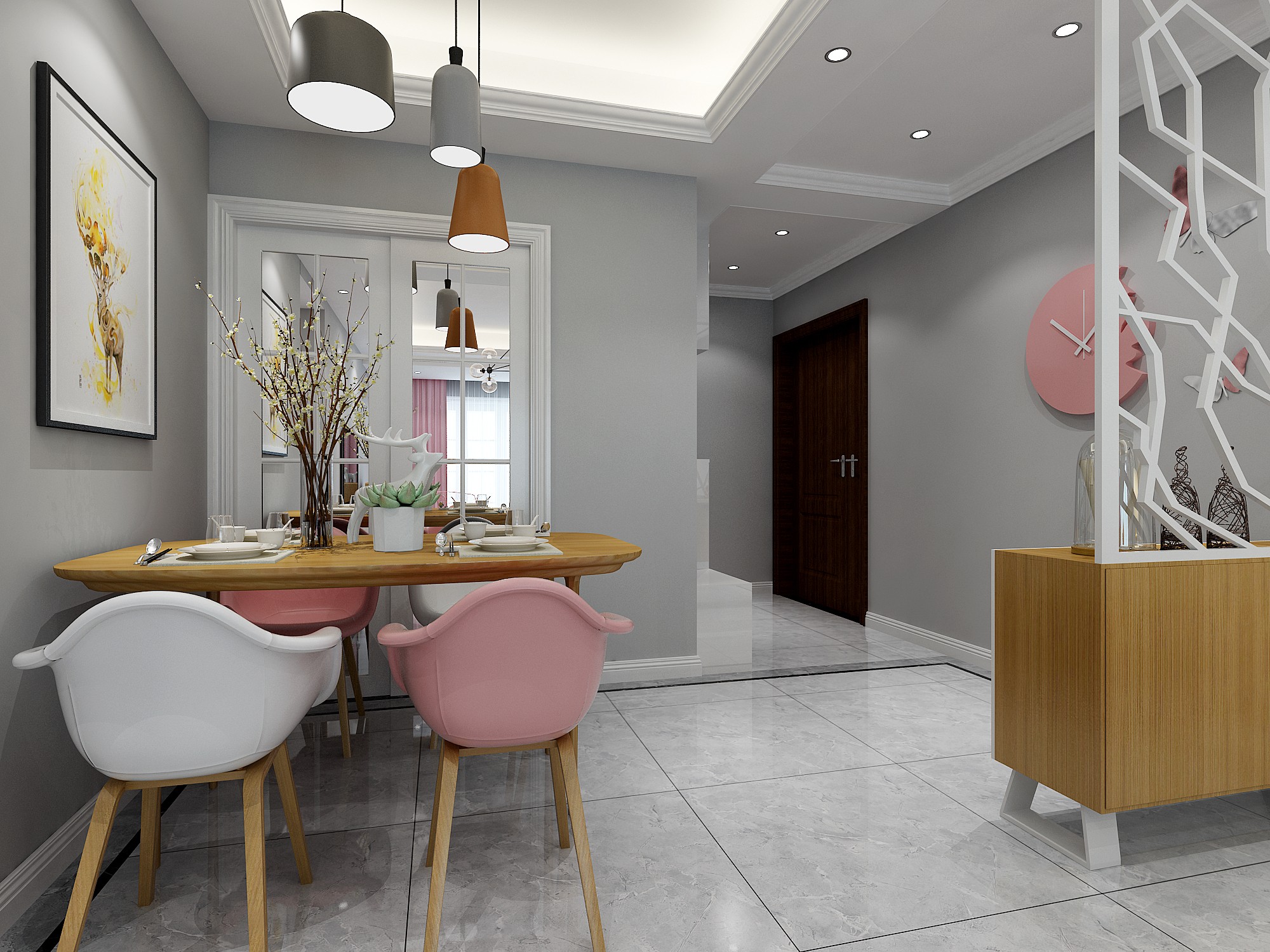 北欧公主粉 奶奶灰客餐厅全景 - 效果图交流区-建e室内设计网