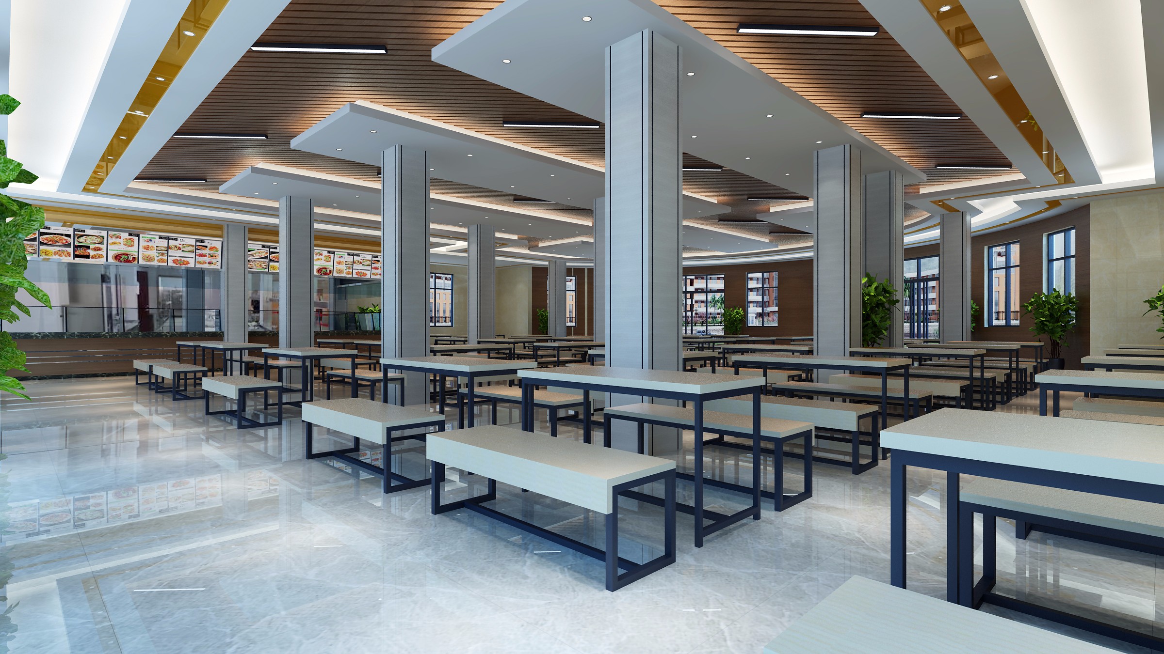 该项目是桂林电子科大 花江校区教职工食堂,一层为就餐大厅,二层餐吧