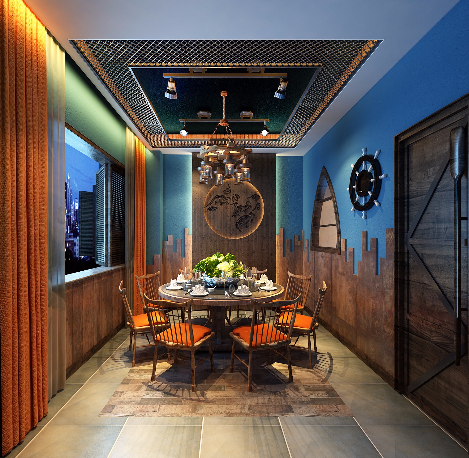 色彩基调定位蓝色系,以海鲜为主题,重装饰轻装修的设计手法,打造本案