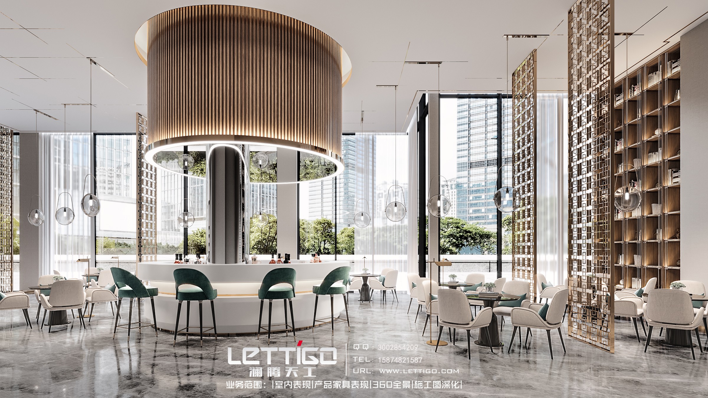 现代售楼部大厅前台接待区洽谈区