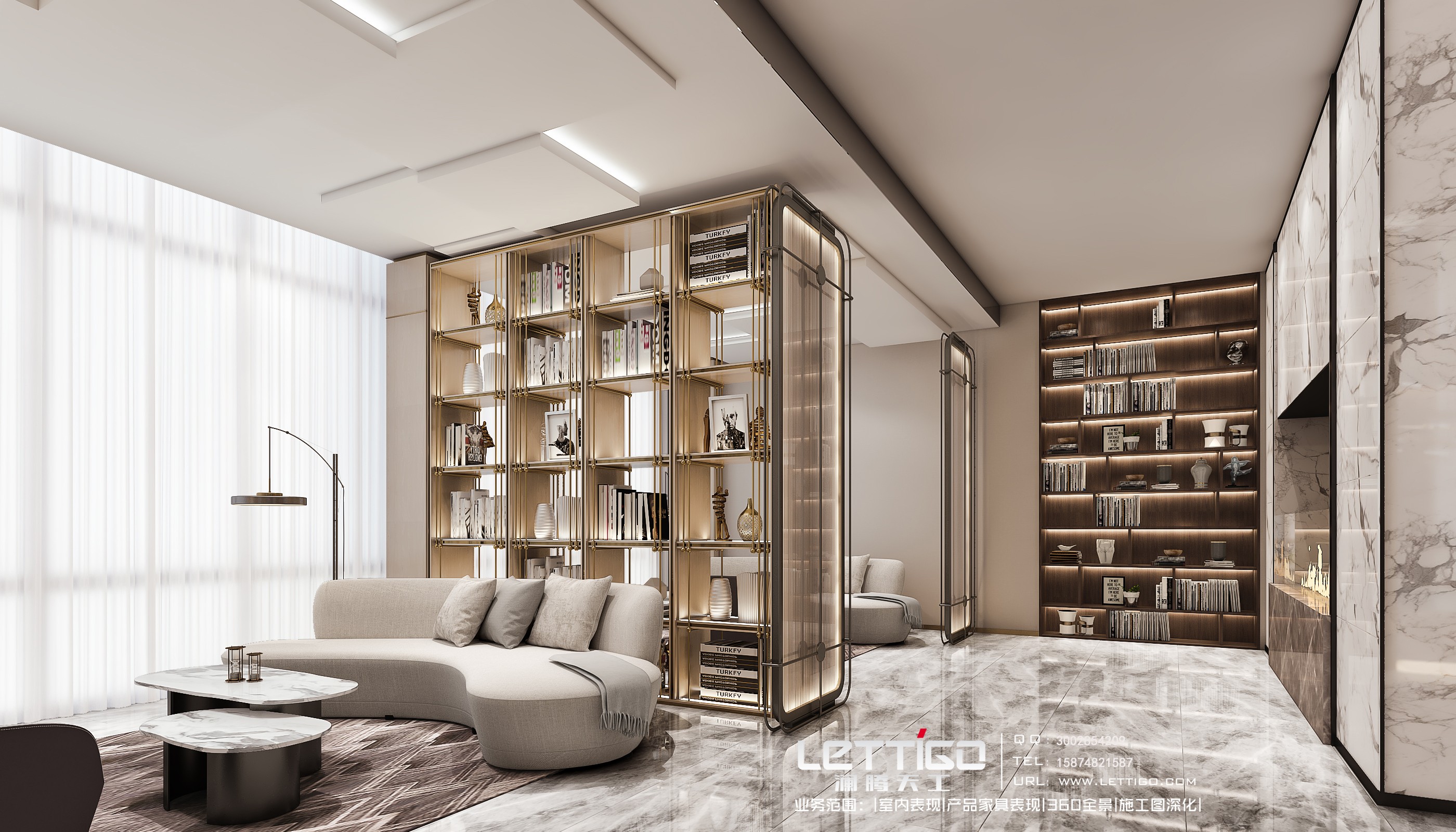 现代售楼部大厅前台接待区洽谈区