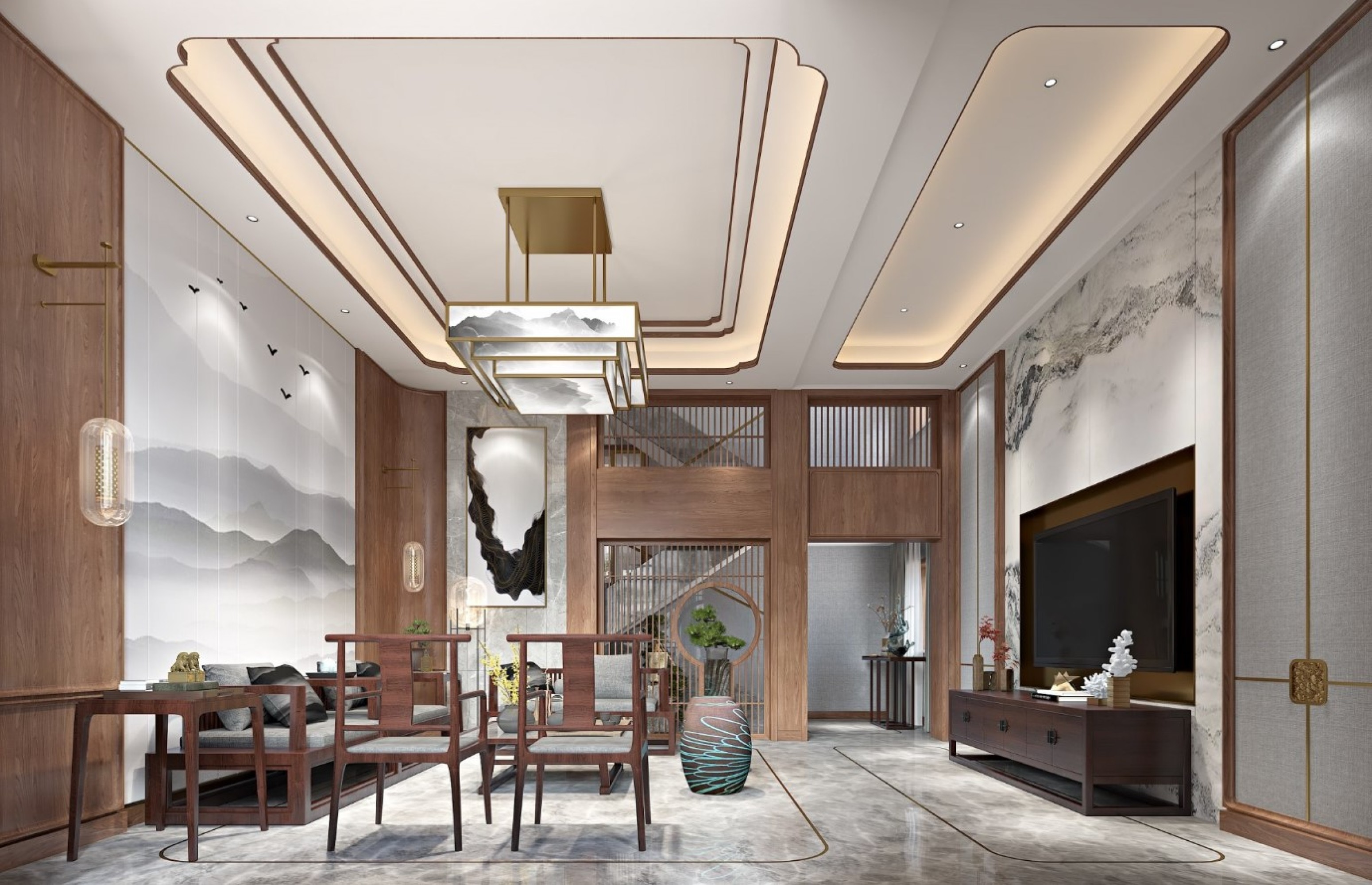 新中式客厅餐厅[ID: 112936241]_建e效果图