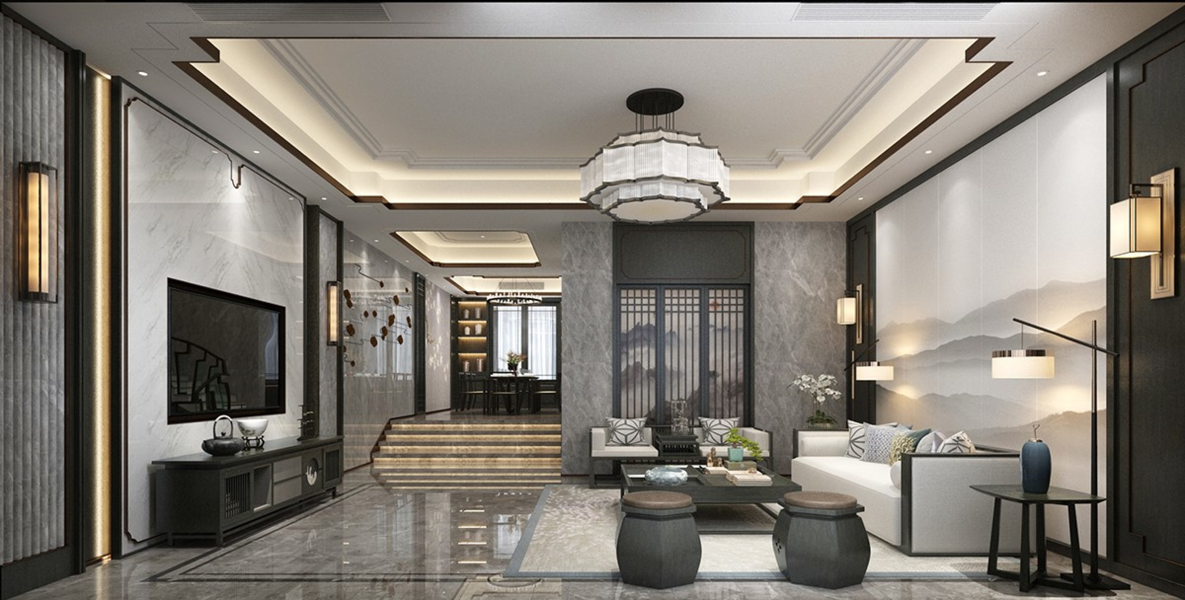 新中式客厅餐厅[ID: 112936241]_建e效果图
