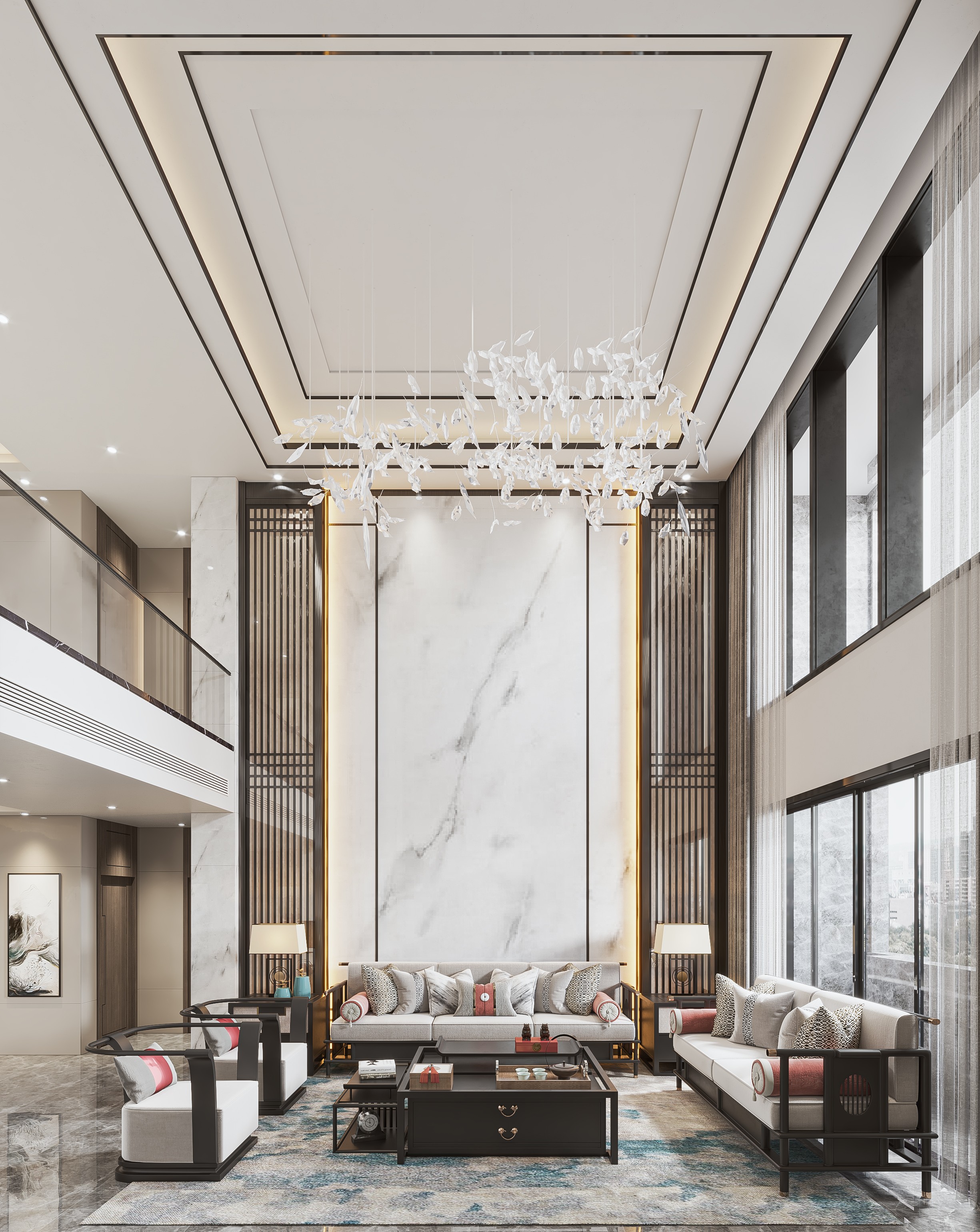 新古典别墅室内挑空客厅设计 – 设计本装修效果图
