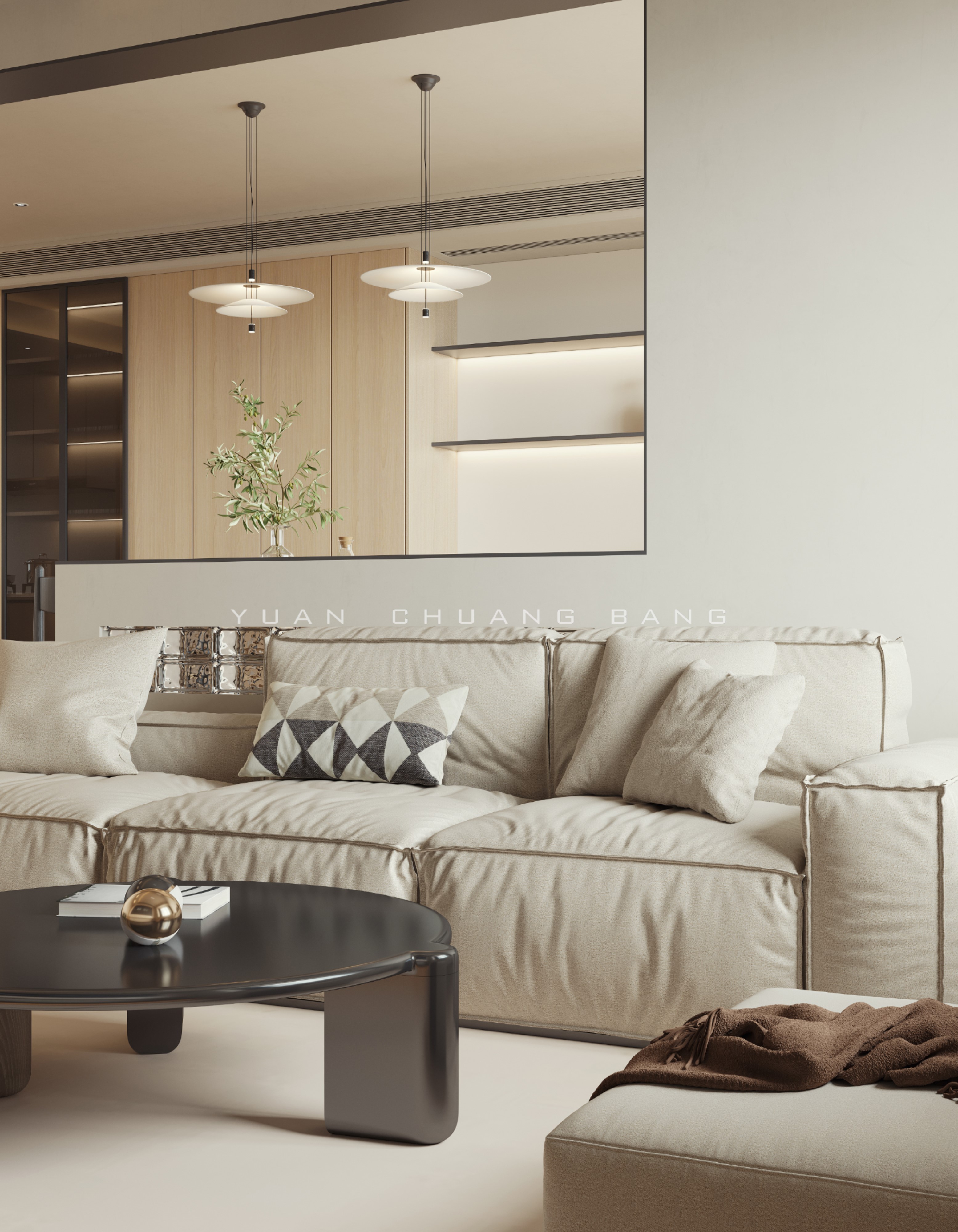 主卧室象牙白的墙板简洁大方，胡桃木的家具细腻稳重，灰蓝色的背景与_装修美图-新浪家居