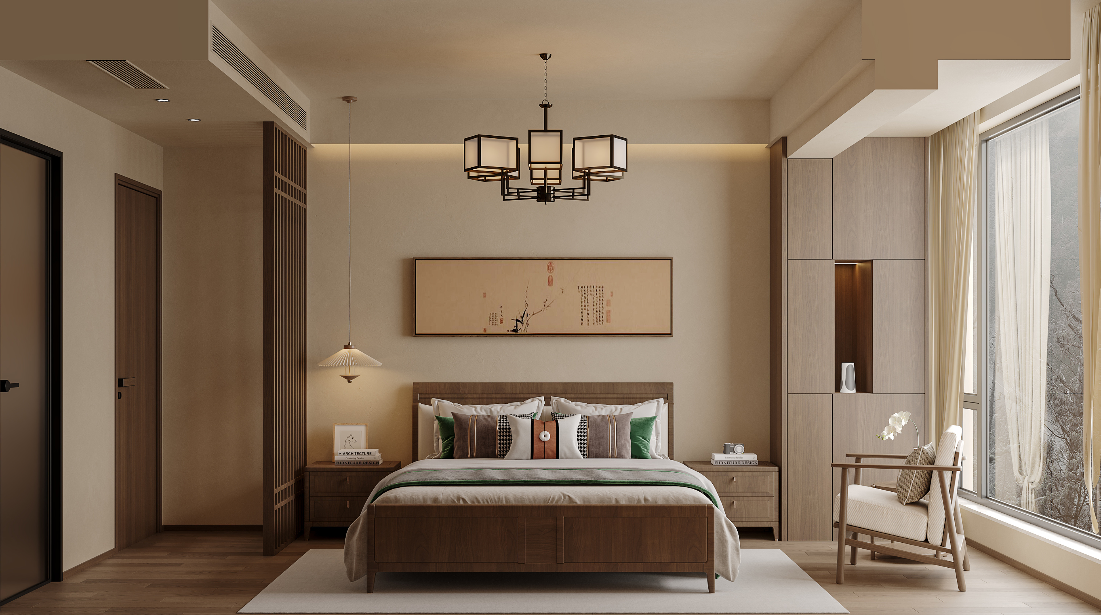 新中式风格大平层效果图[ID: 113787918]_建e效果图