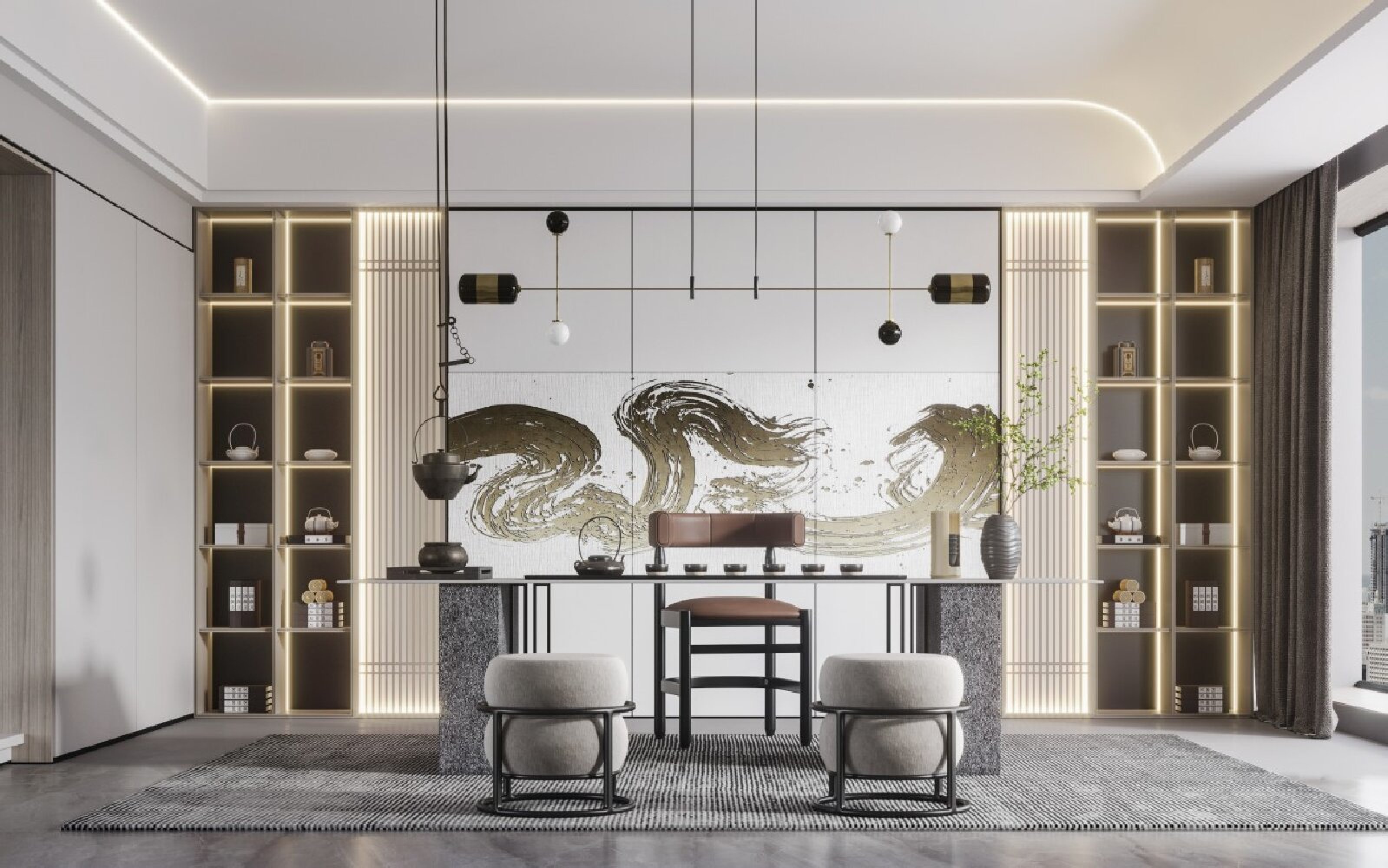 现代中式风格茶室室内设计效果图[ID: 114640046]_建e效果图
