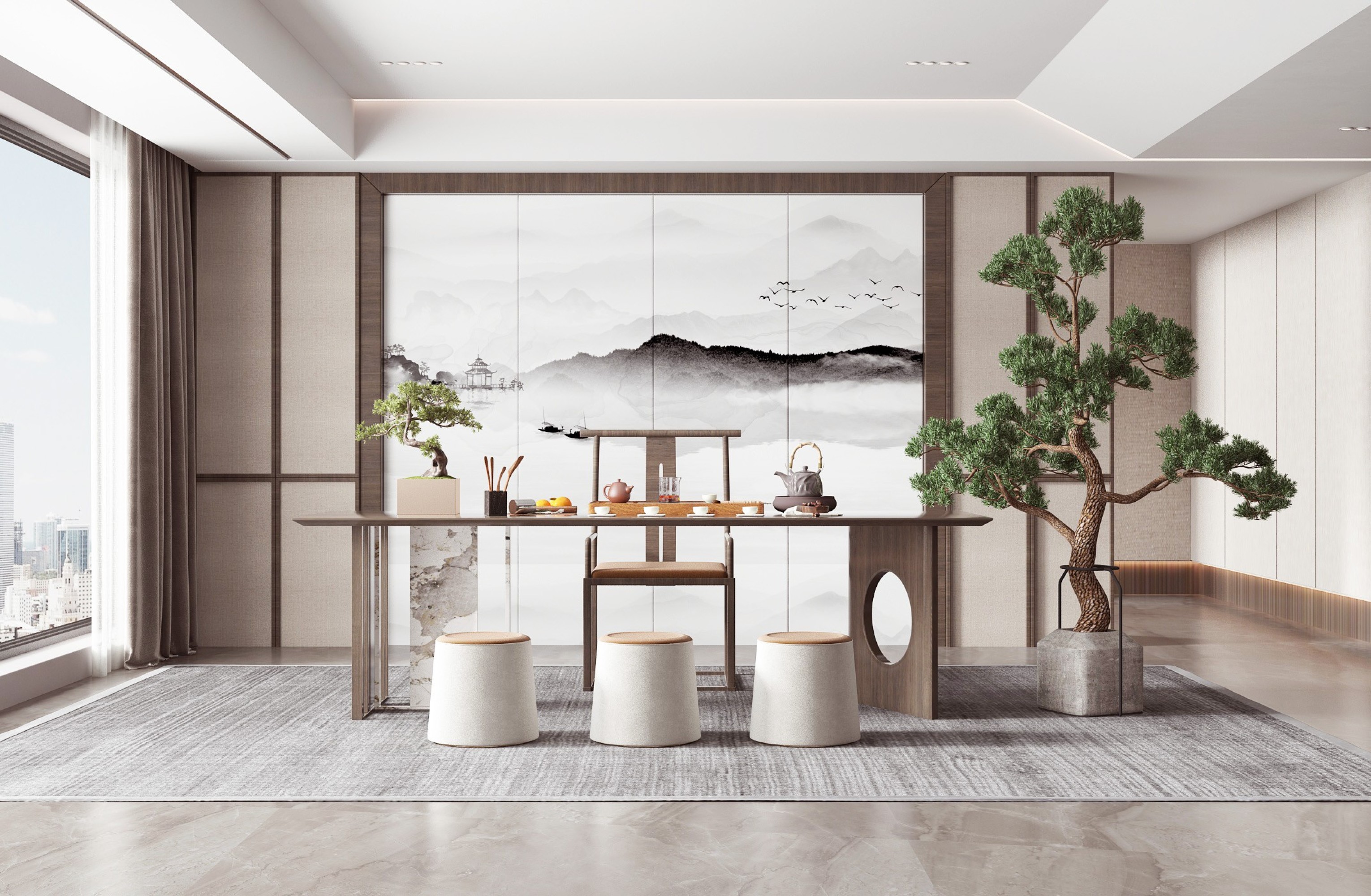 现代中式风格茶室室内设计效果图[ID: 114640030]_建e效果图