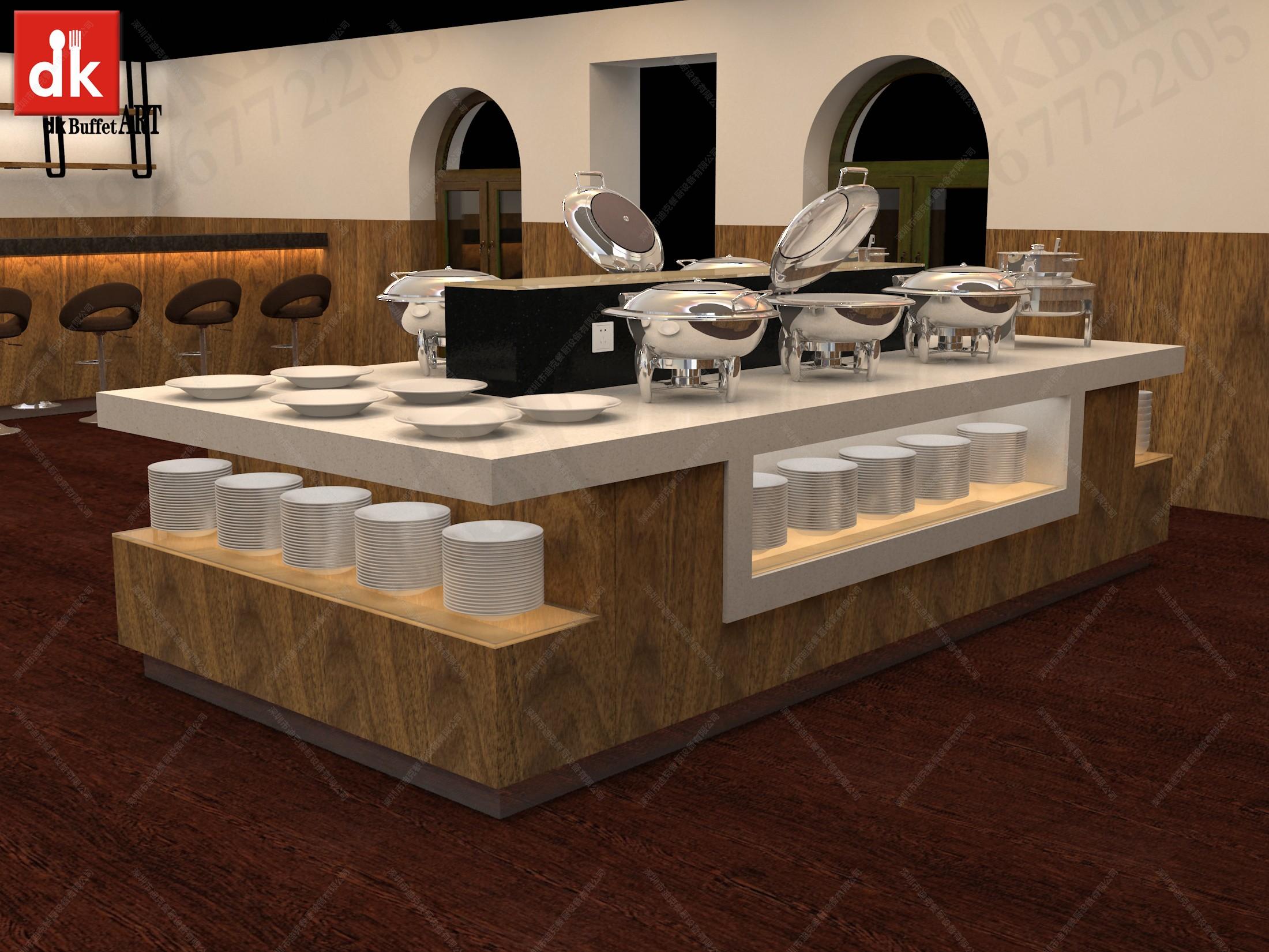 古建筑风格自助餐台 吧台布菲台效果图 职工餐厅改造
