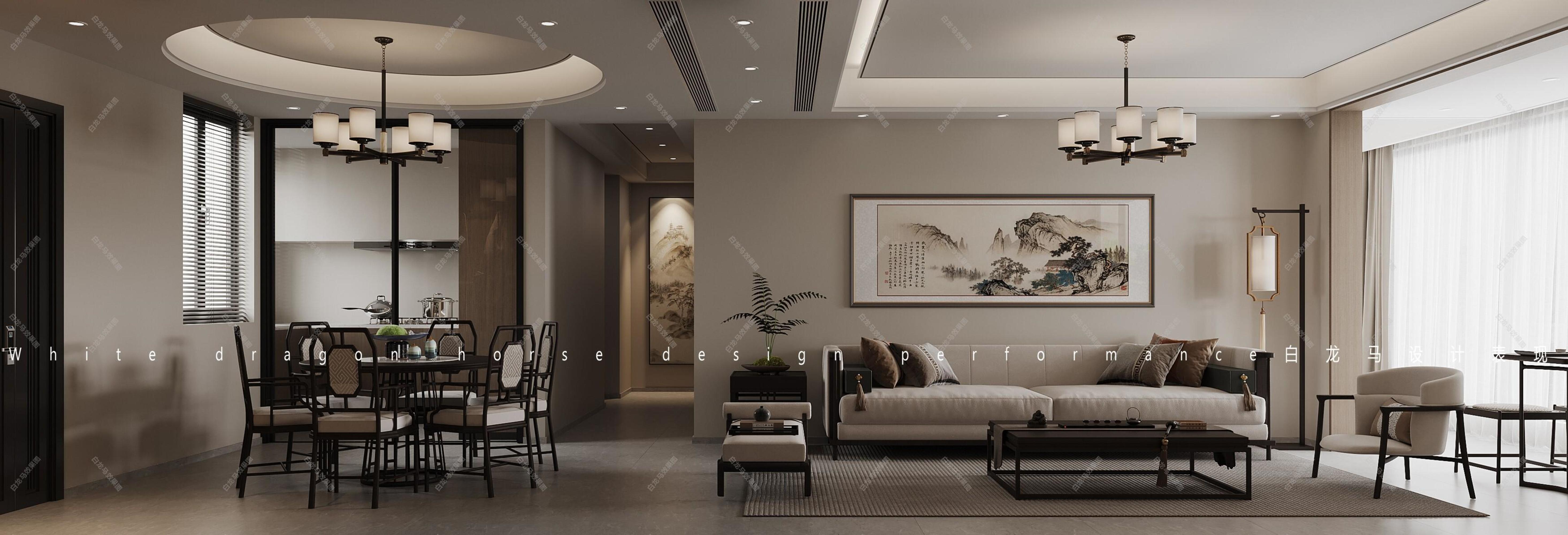 新中式客餐厅—白龙马效果图[ID: 103826635]_建e效果图
