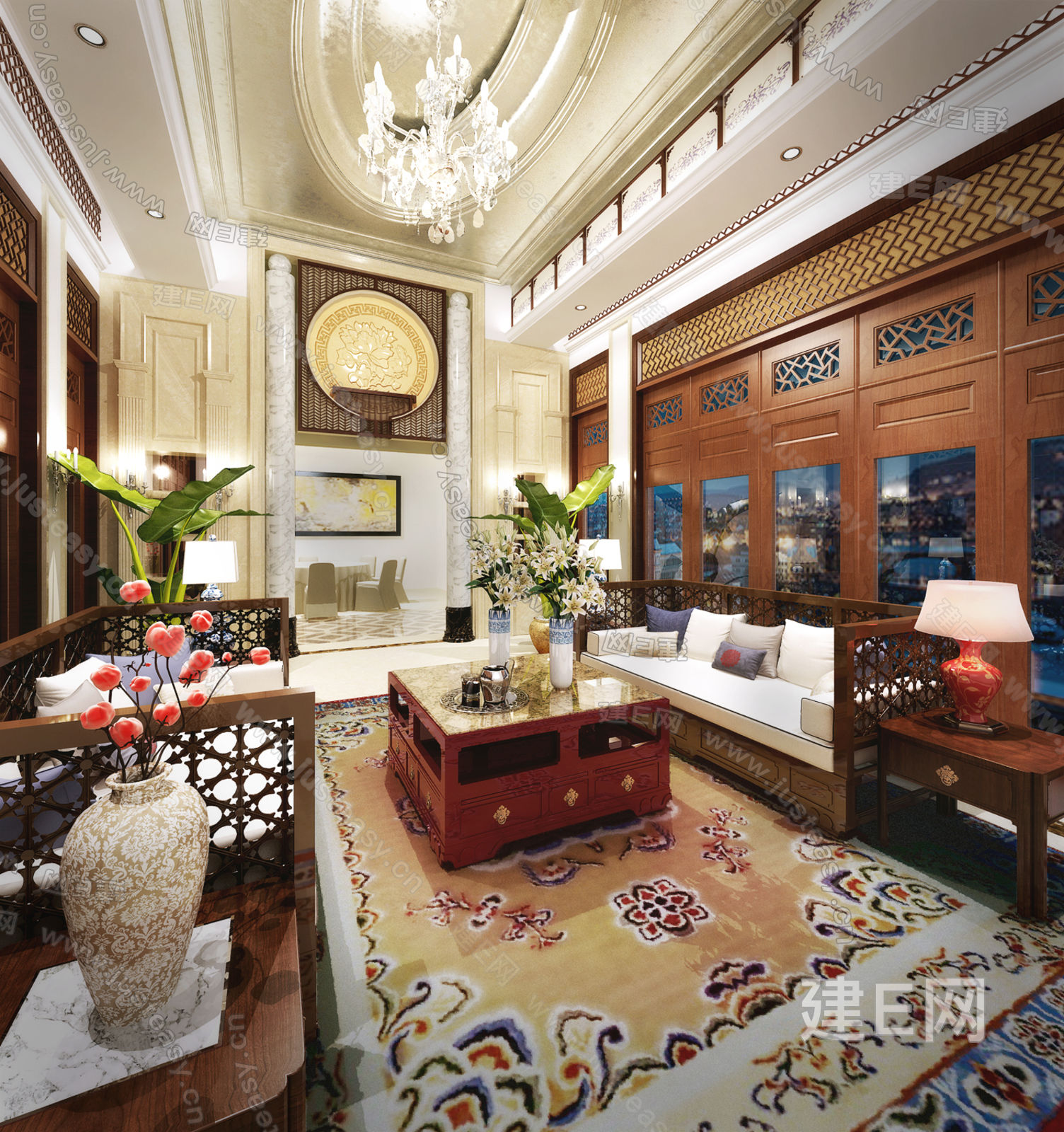 戴昆中式别墅客厅沙发组合3d模型下载[ID:102056082]_建e网3d模型