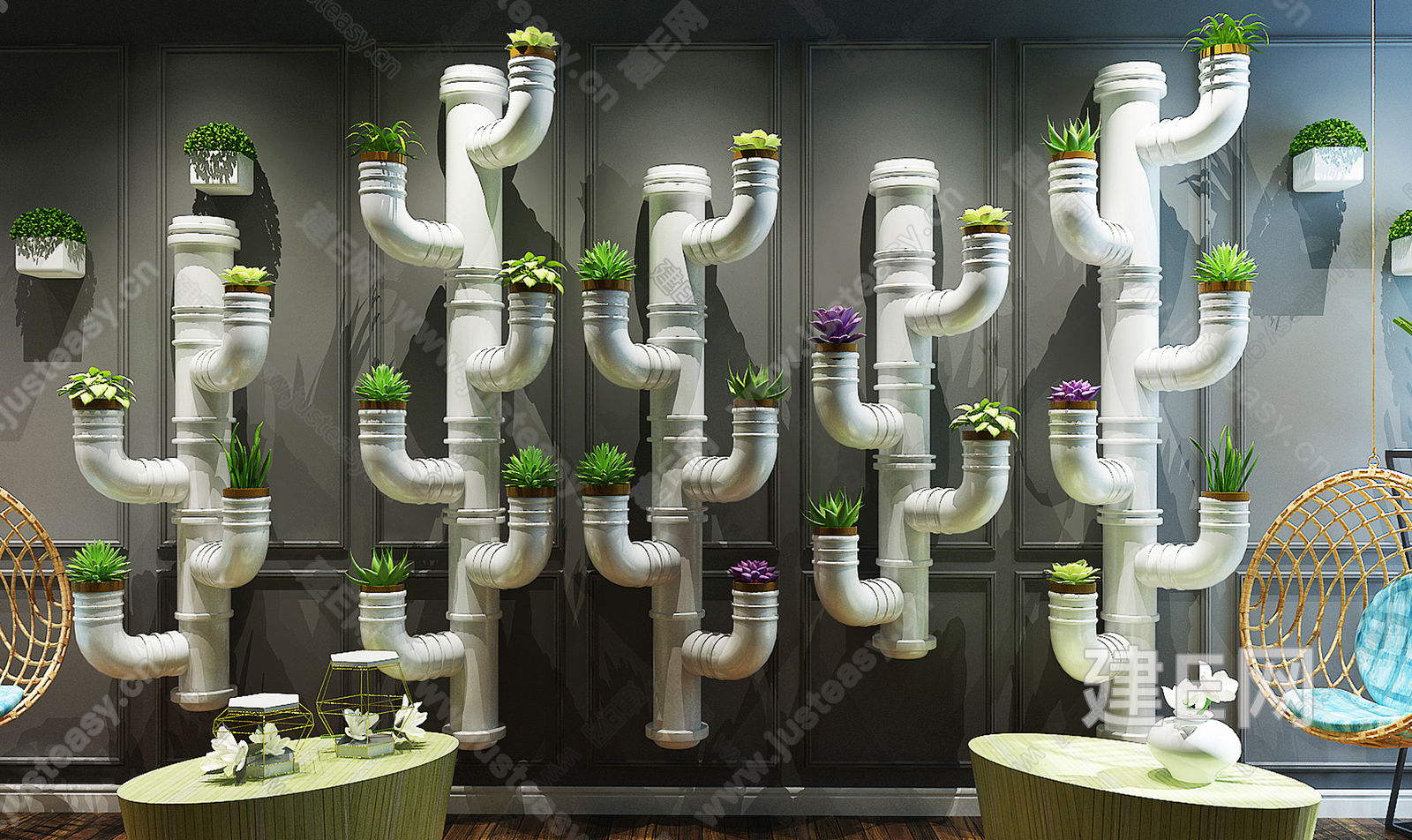 现代水管造型植物装饰架吊沙发花艺茶几陈设组合