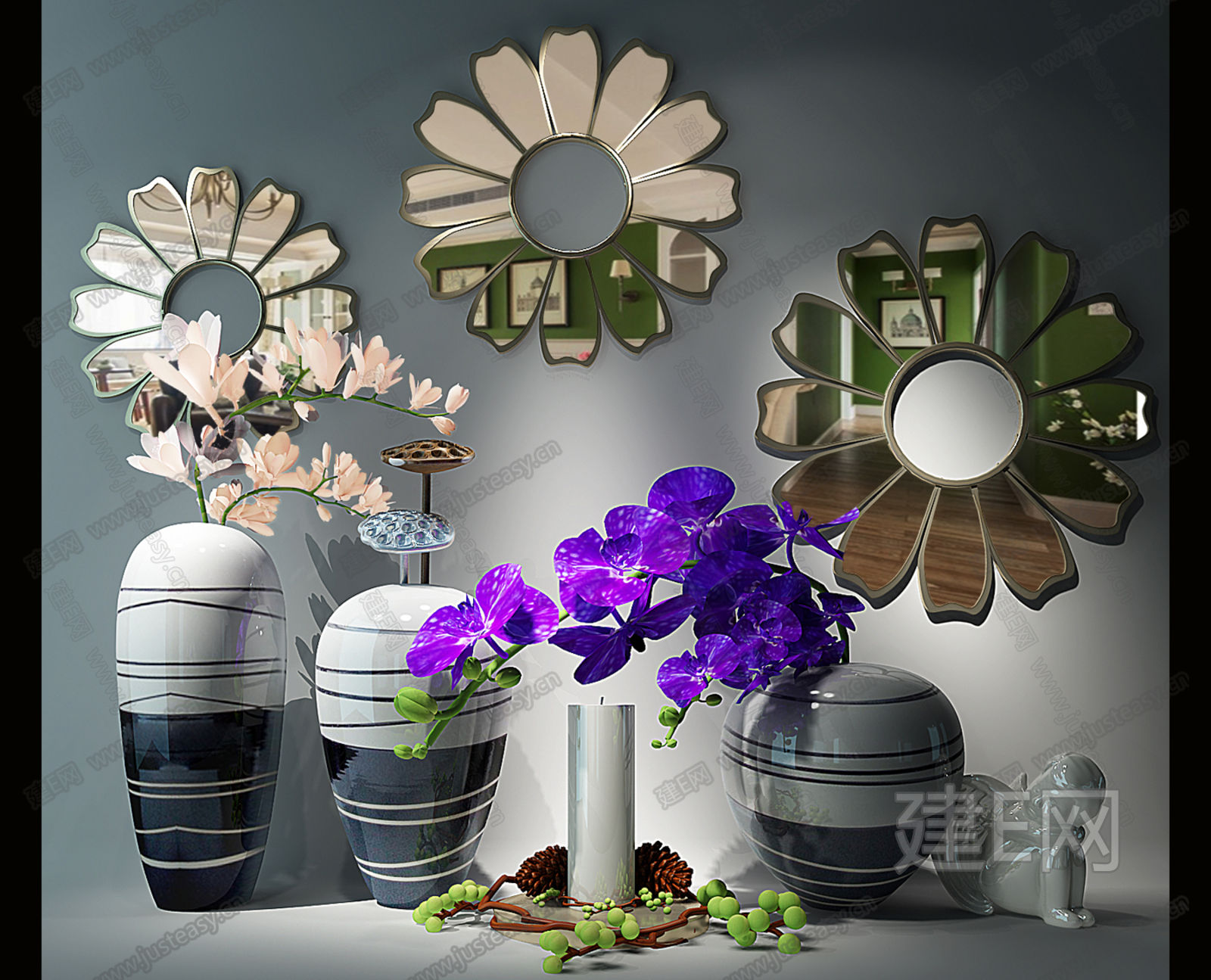 新中式花艺装饰壁饰装饰镜子陈设品摆件组合