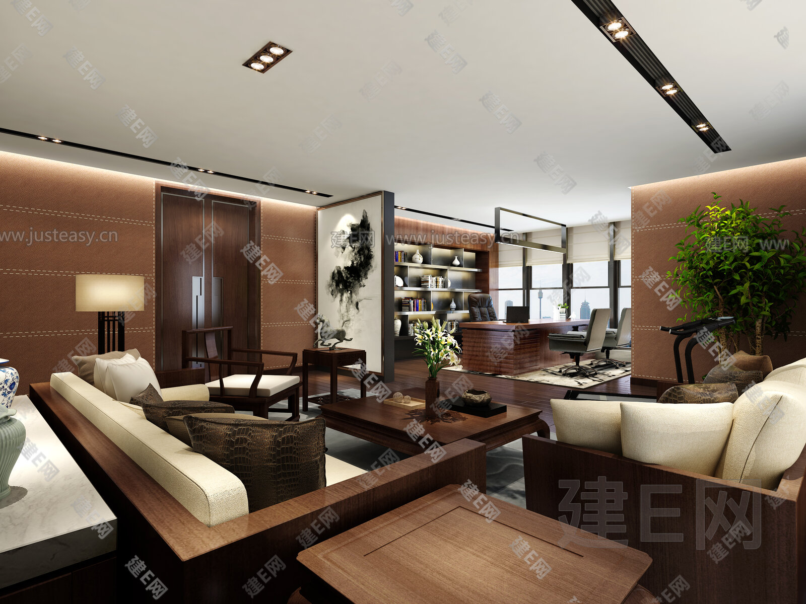 新中式办公室3d模型下载[ID:108348287]_建e网3d模型