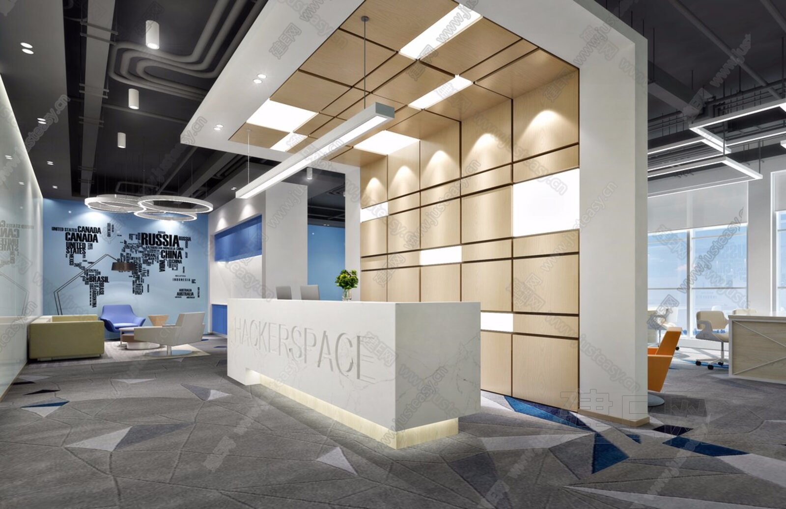 现代办公室前台大厅- 建E网3D模型下载网