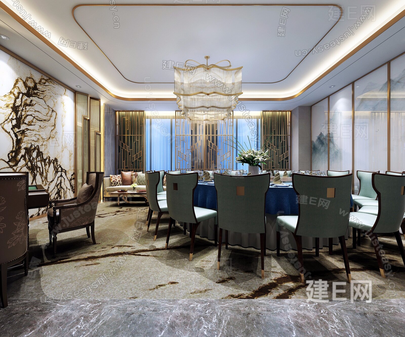 新中式酒店包间3d模型下载[ID:112411490]_建e网3d模型
