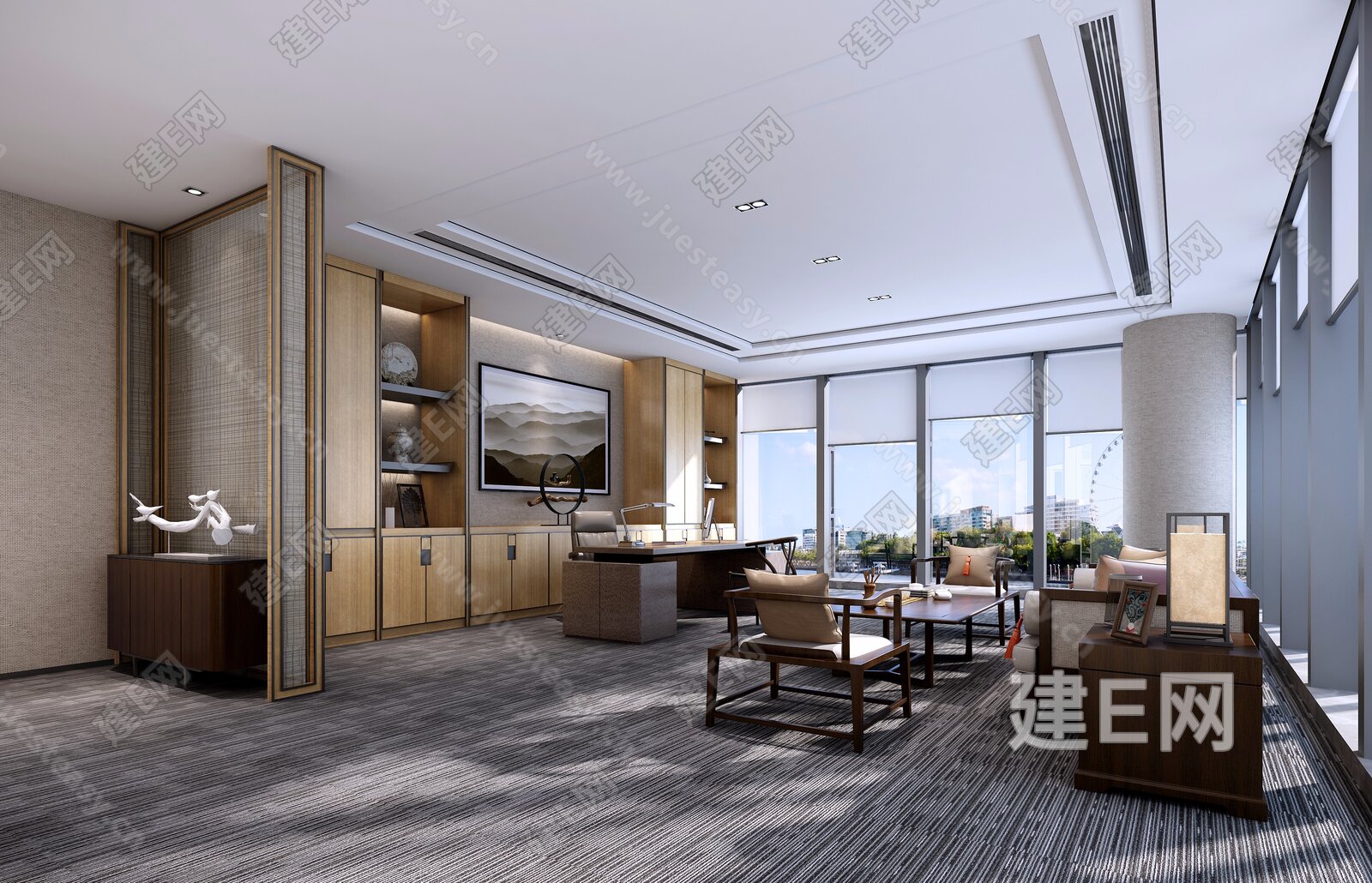 新中式办公室3d模型下载[ID:101270071]_建e网3d模型