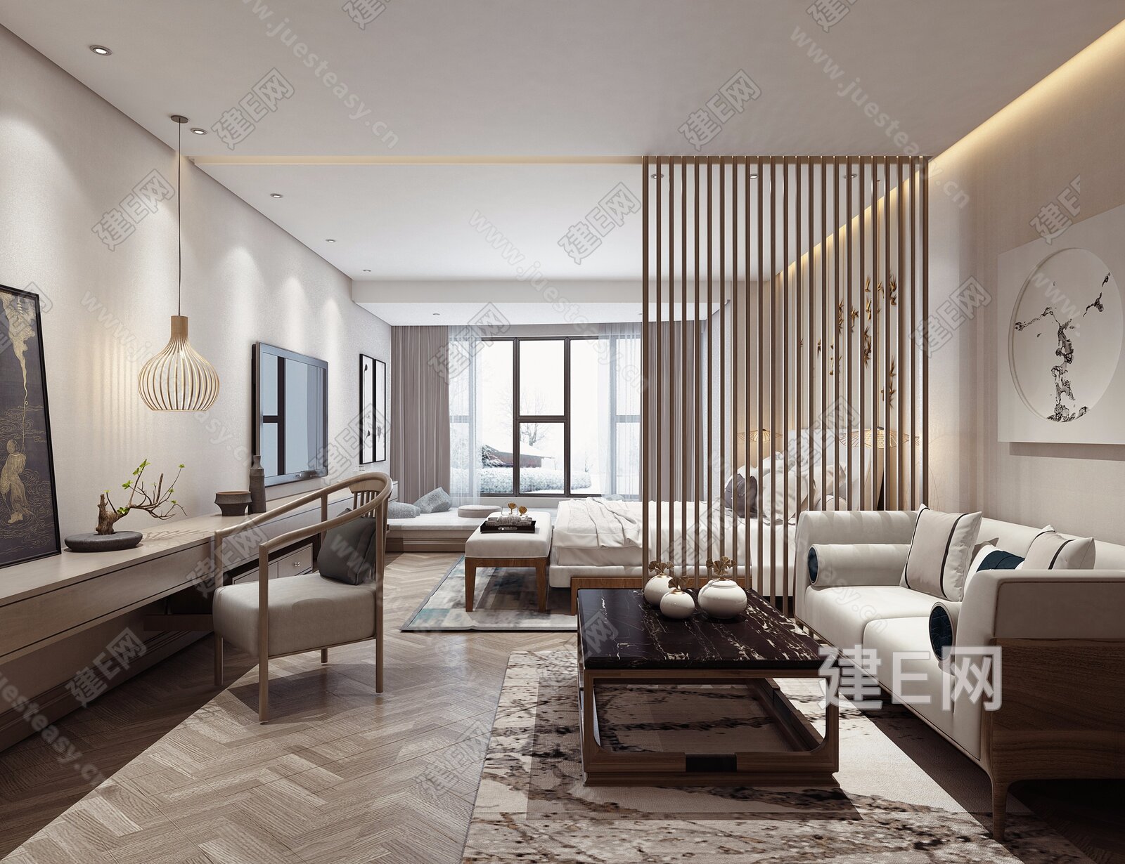 新中式酒店客房3d模型下载[ID:117064414]_建e网3d模型