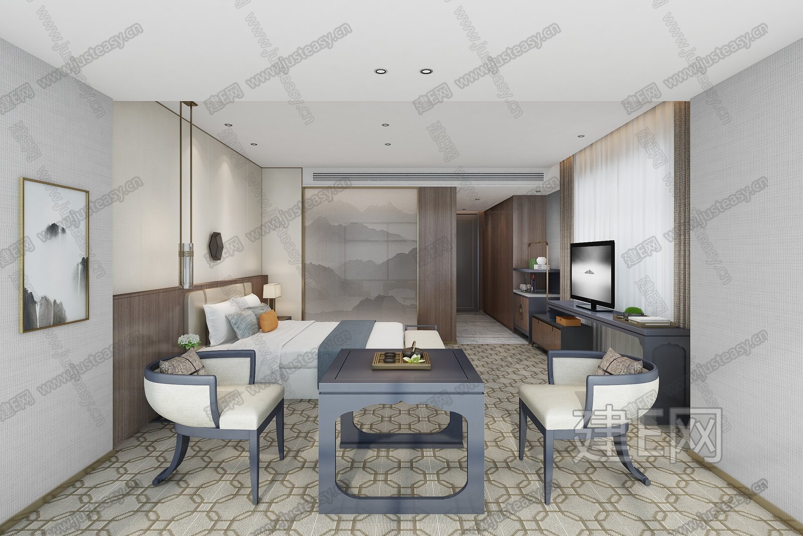 新中式酒店客房3d模型下载[ID:105006566]_建e网3d模型