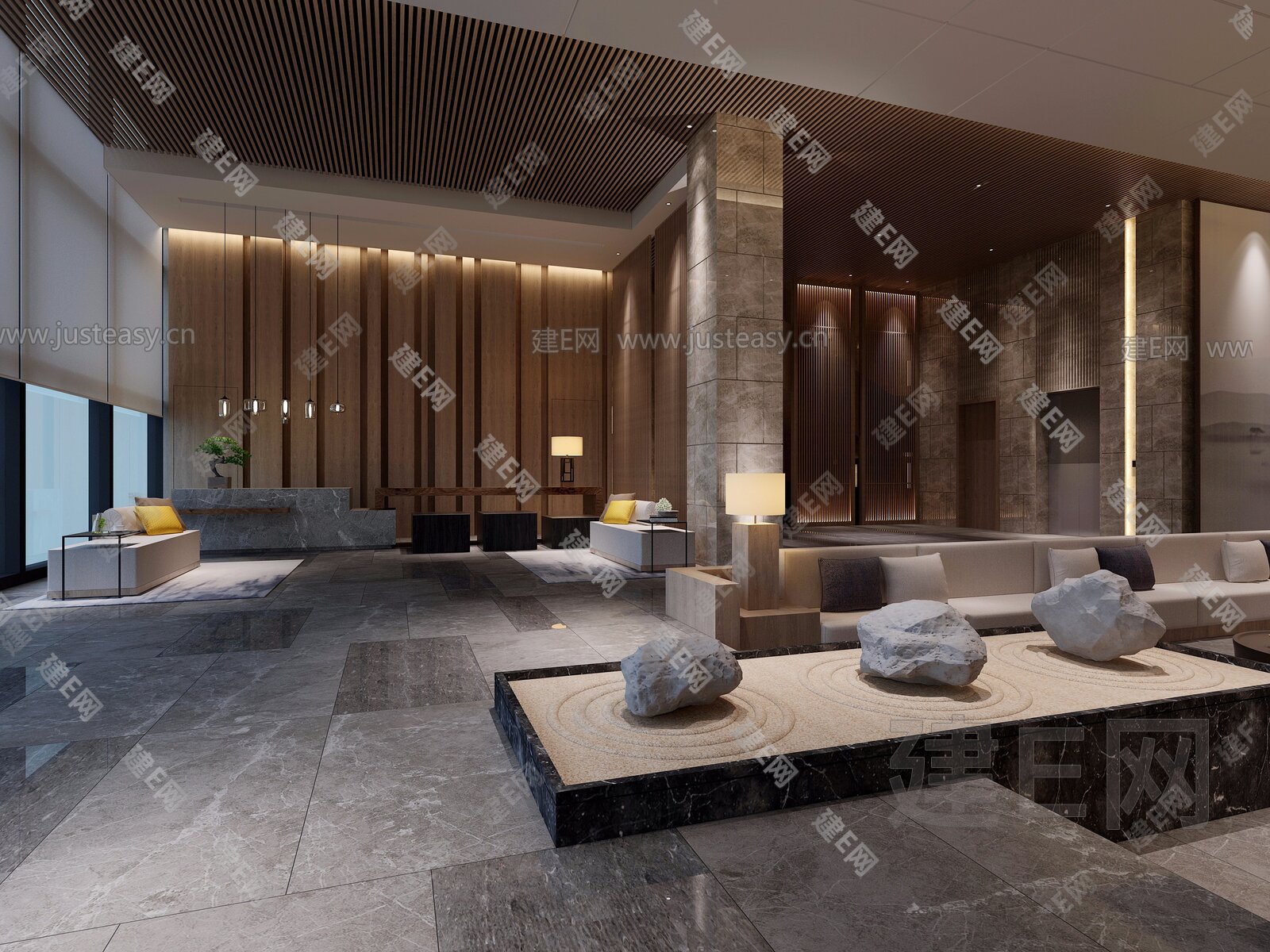 新中式会所大厅3d模型下载[ID:104809736]_建e网3d模型